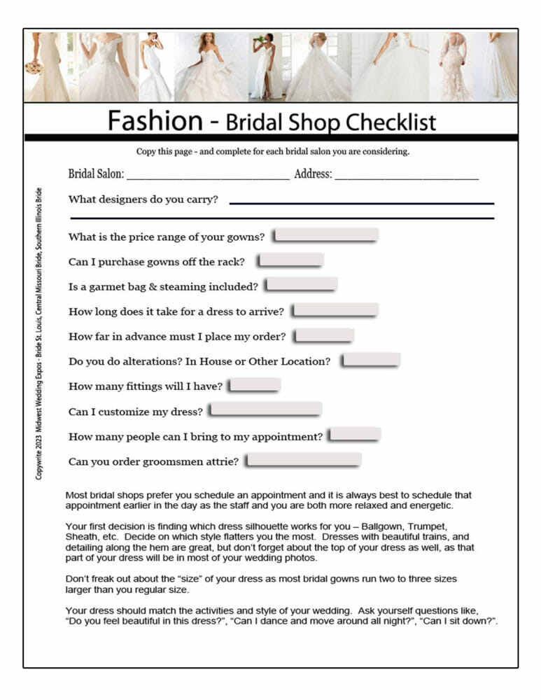 Bridal Shop Checklist Worksheet - Bride St. Louis